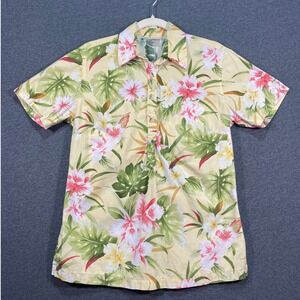 Go Barefoot‎ Women's Hawaiian Floral Popover Shirt Yellow Cotton Tropical USA S